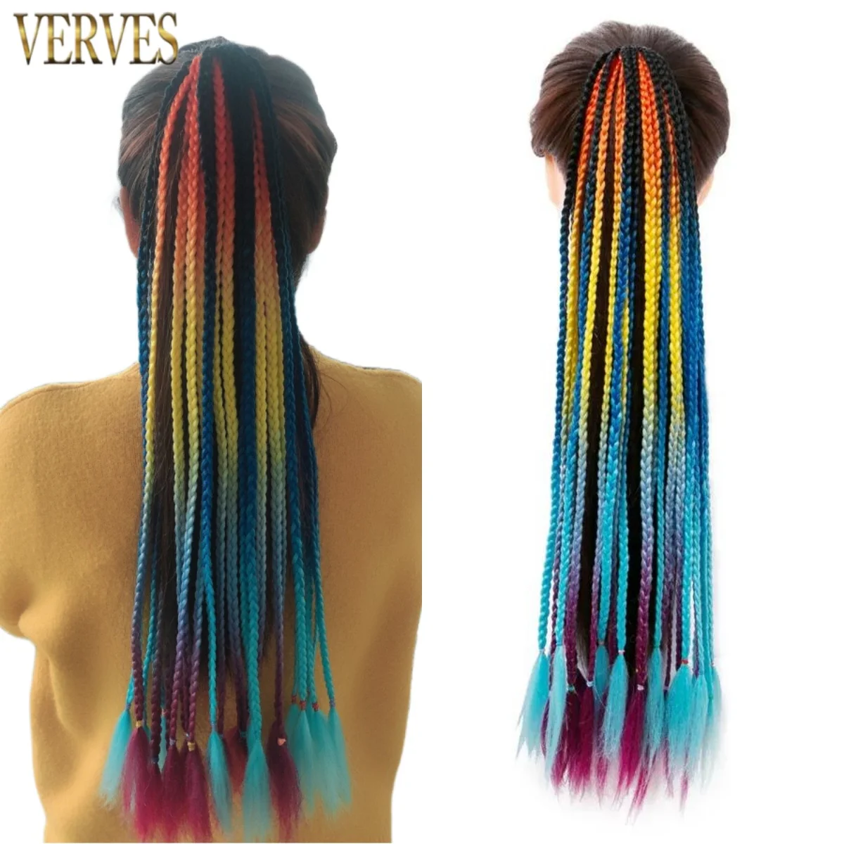 VERVES Synthetic Ponytail Hairpiece With Rubber Band Hair Ring 24 inch Box Braided Extensions for Children Girls Pink Rainbow