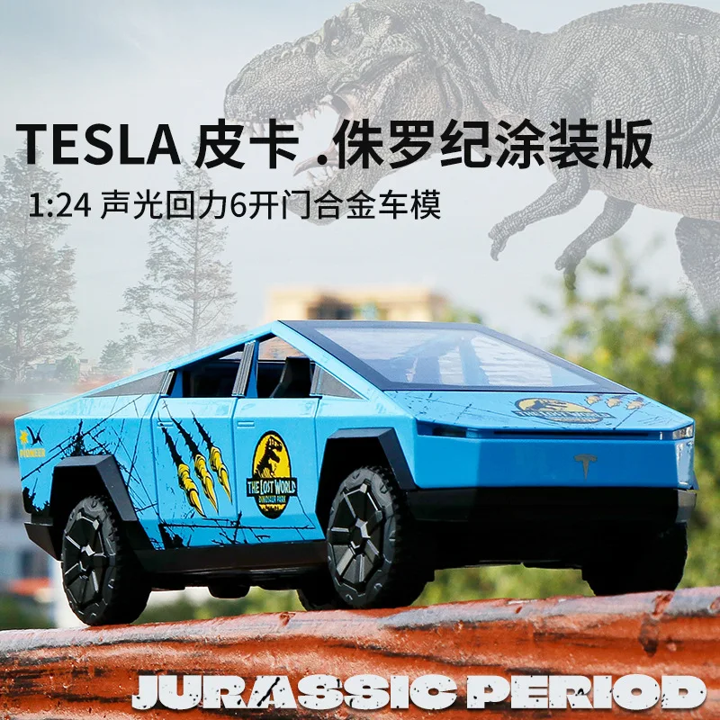 1:24 Tesla JURASSIC PERIOD Pickup off-road vehicle Diecast Metal Alloy Model car Sound Light Pull Back Collection Kids Toy Gift