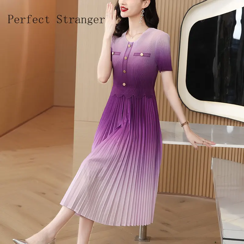 2024 Vestidos New Elegant Lady Slim Casual O-Neck Short Sleeve Chic Beach Party Female Robe Women's Midi Pleated Dresses