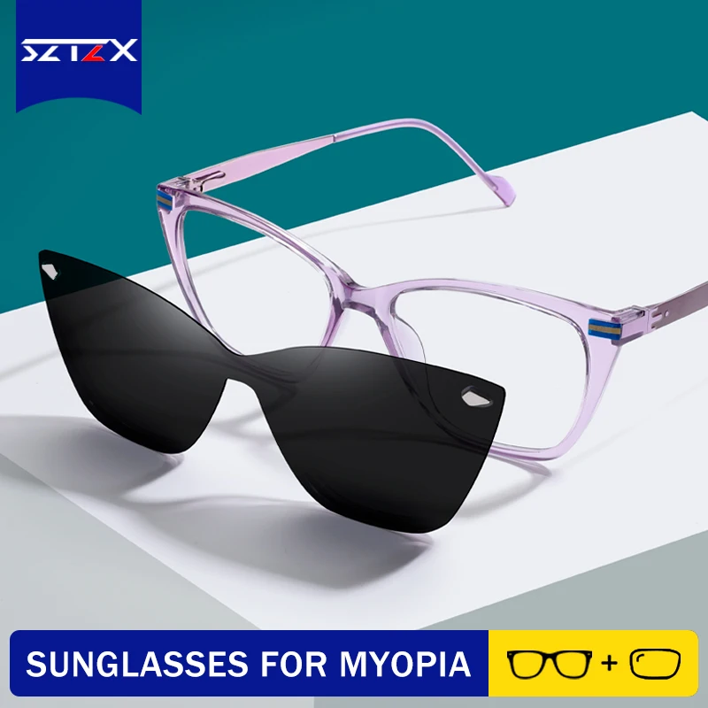 

SZTZX Magnetic Clip-On Cat Eye Glasses 2 In 1 Driving Polarized Sunglasses Women Myopia Customized Prescription Eyeglasses