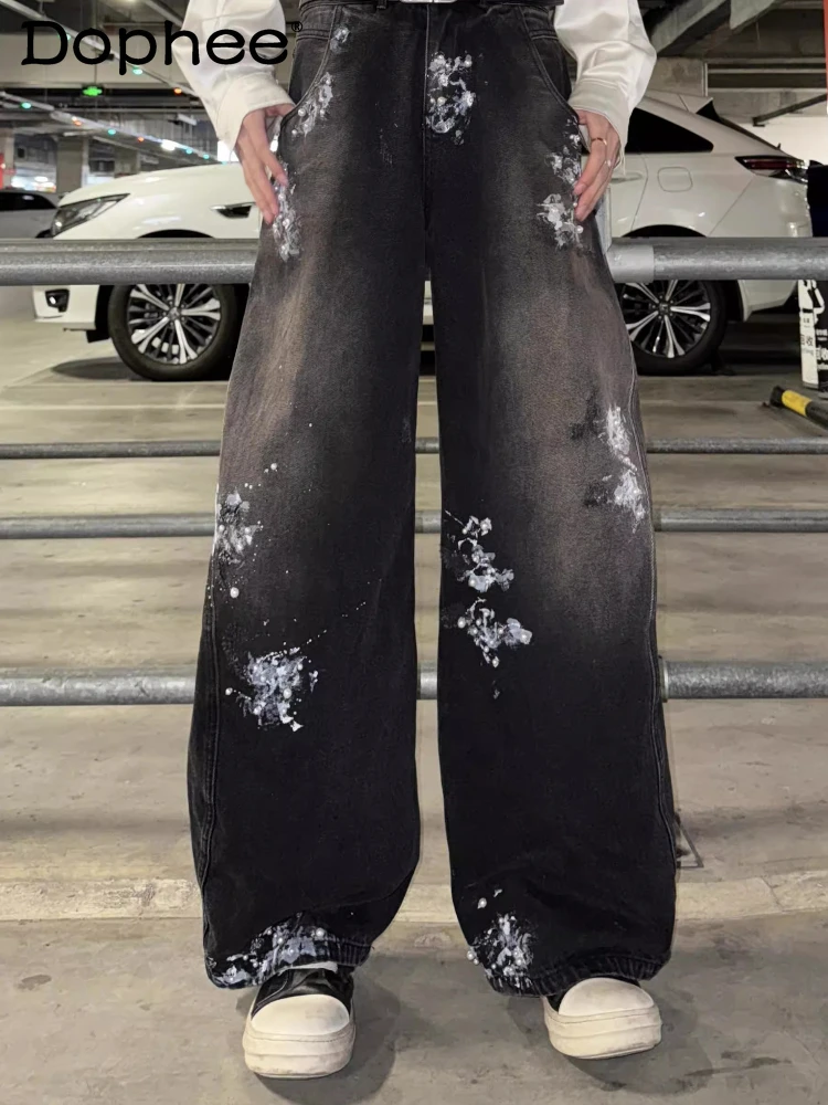 

Fashion Hand-sewn Pearl Decorative Curved Jeans Men's 2025 Four Seasons Wear Handsome Denim Pants Men's Stylish Denim Trousers