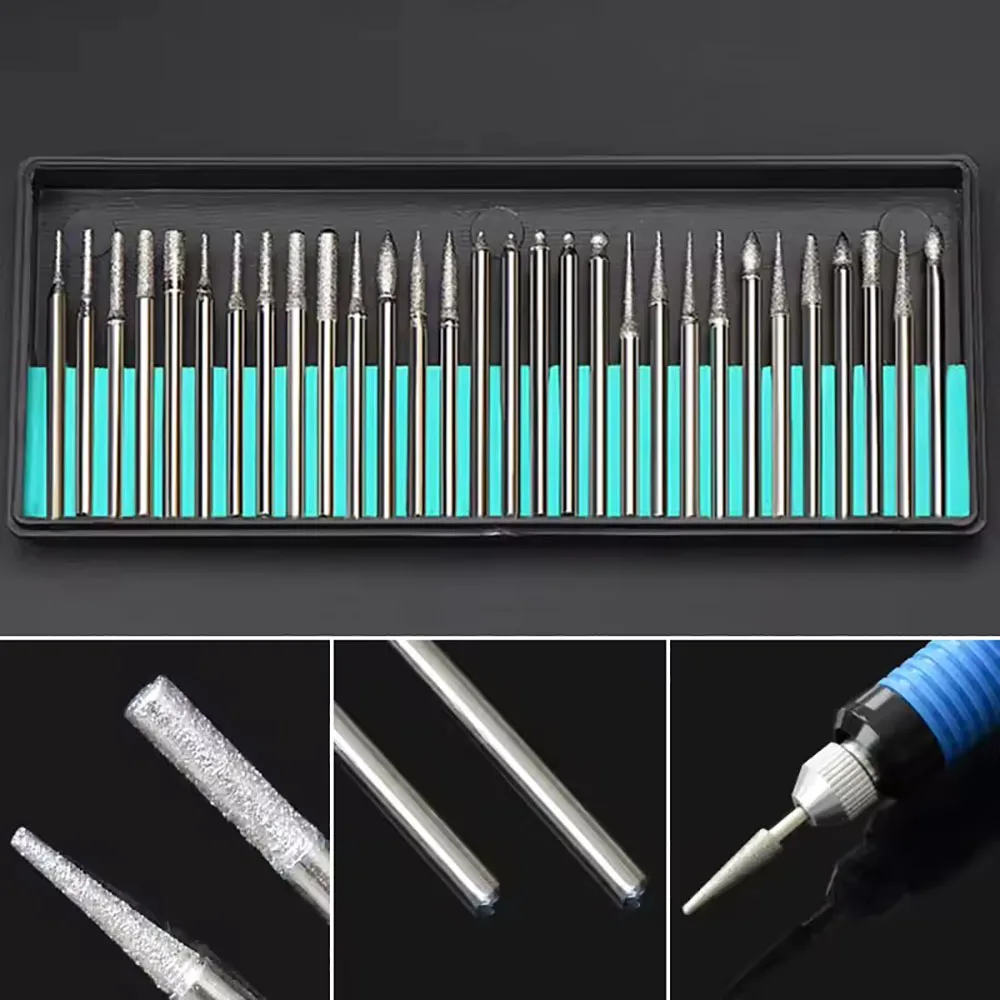 30Pcs 3/2.35mm Shank Diamond Burs Set Diamond Grinding Needles Hand Tools for Engraving Glass Ceramic Polishing Sanding