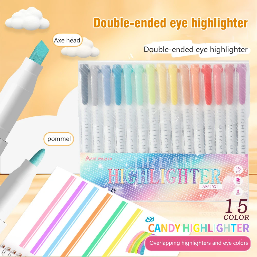 ﻿ 15 Colors Double Headed Highlighter Fluo Marker Set Art Drawing Pens Pastel Stationery Double Tips for Highlighting Coloring ﻿