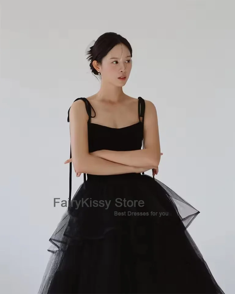 FairyKissy Princess Black Tiered Wedding Dresses Korea Photo shoot Spaghetti Straps Layered Evening Gowns Corset Back Customized image 3