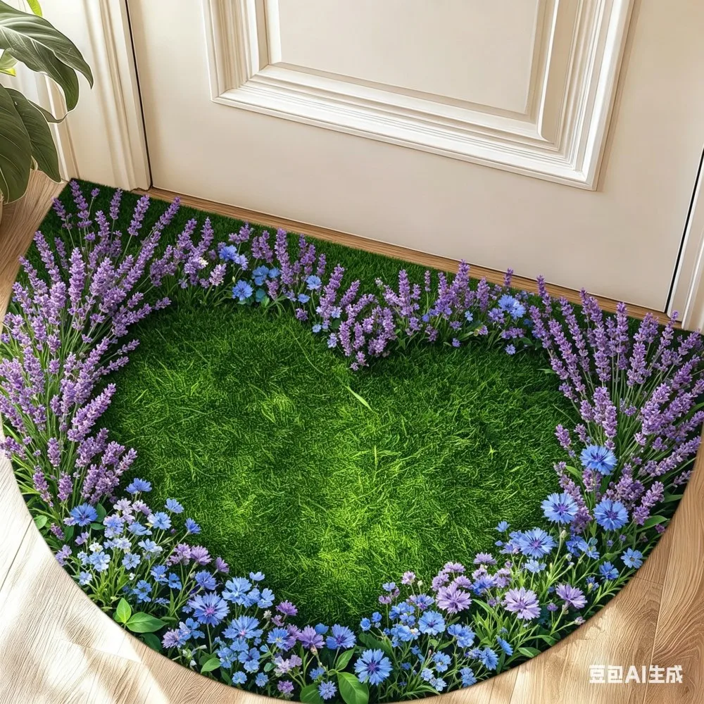Green Grass Wildflower Semicircle Door Mat Floral Garden Welcome Rug Anti-Slip Entrance Floor Mat for Home Porch Farmhouse Decor