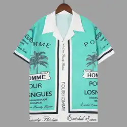 Alphabet Coconut Tree Pattern Short Sleeve Contrasting Color Shirt Casual Shirt Streetwear Camisa Masculina Shirt Moda Hombre