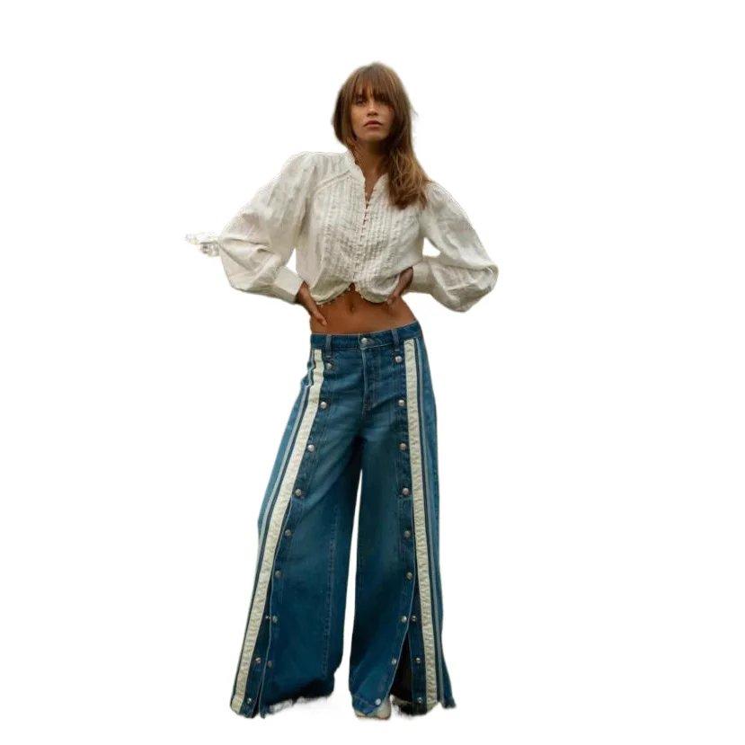 

New European American Fashionable, Retro and Individuality Wide-leg Floor-length Denim Trousers with A Slit and Two-tone Design
