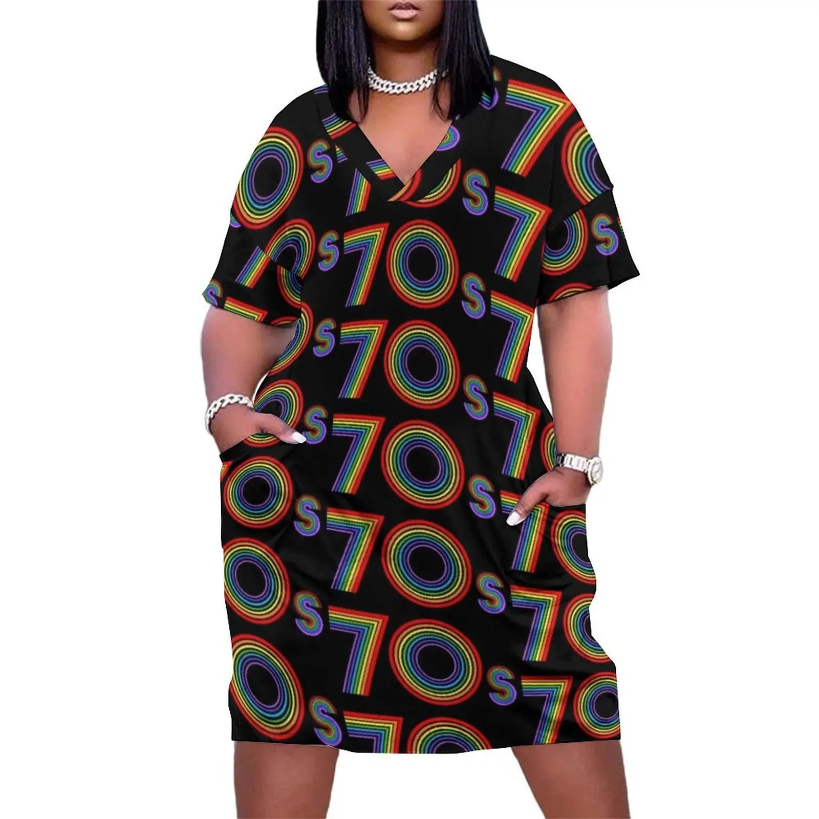 Disco 70s Retro Rainbow Decade Loose Pocket Dress Women