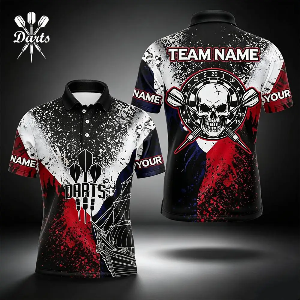 Personalized Darts Printed Polo Shirt Men's Custom Name Skull Dartboard Graphic Golf Shirt Darts Breathable Competition Jersey