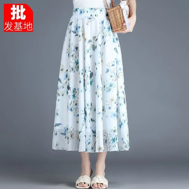 

Printed Chiffon High Waist Medium Length 2023 Summer Floral Pattern A-line Large Faldas Fashion Clothes for Women Skirts