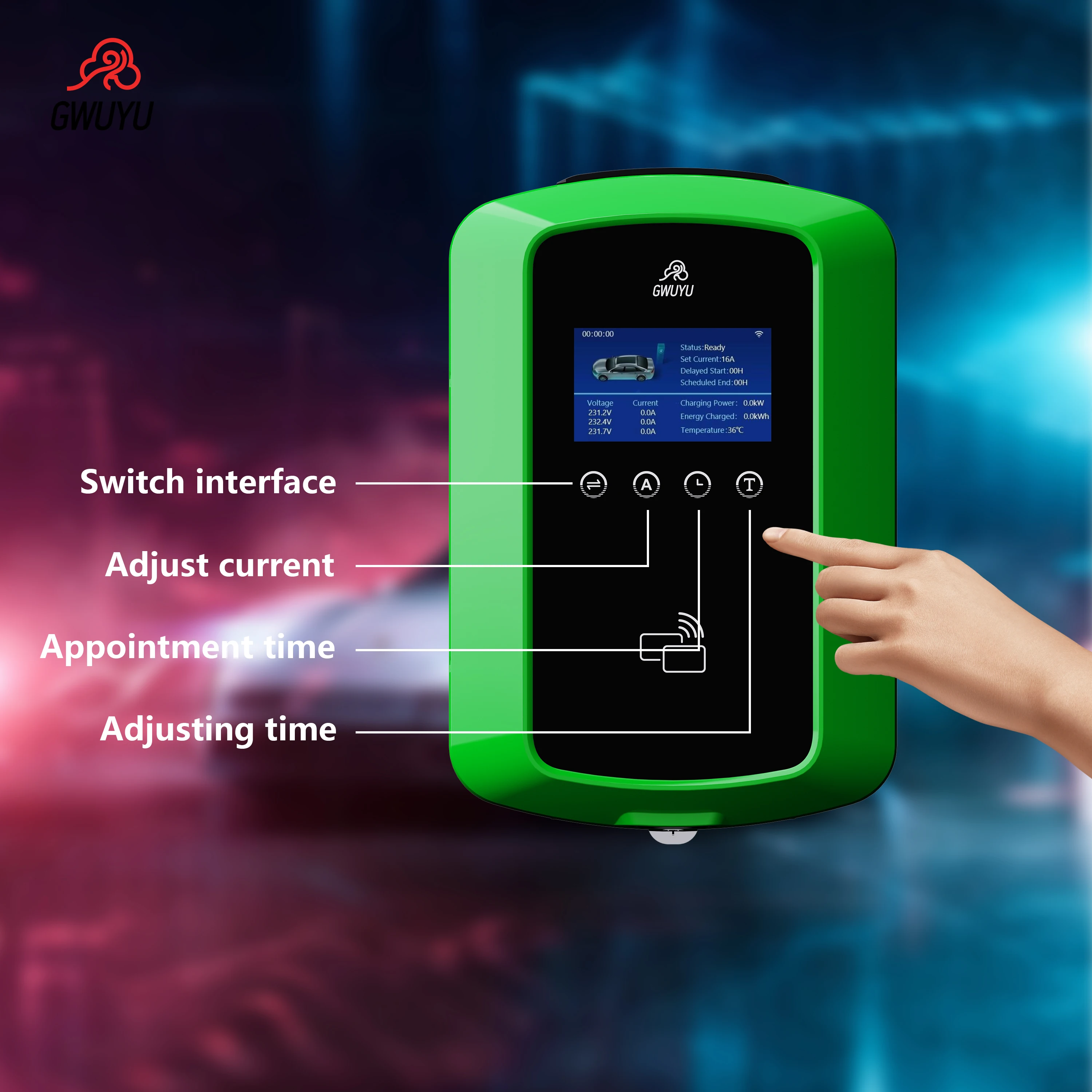 EV Charging Station GWUYU JZ22-1 J1772 Type1 7KW 9.6KW 12KW 32A 40A 50A 240V Adjustable Current 5m APP Control Wallbox Charger