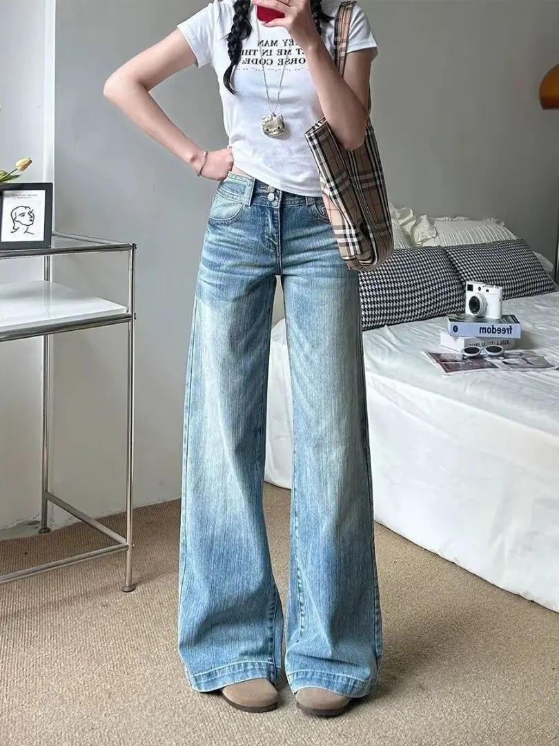 Retro Blue Double Buckle Straight Leg Jeans Women's Small Size Autumn Style High Waist Loose Drapey Slimming Wide Leg Floor-L...