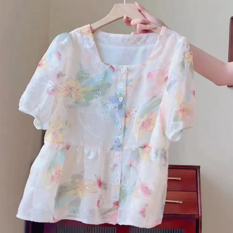 2024 Summer Women Fashion Floral Print Shirts Square Collar Sweet Chic Blouses Casual Short Sleeve Loose Tops Camisas De Mujer