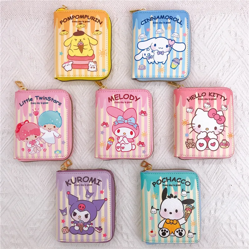 Kawaii Hello Kitty Cinnamoroll My Melody Kuromi Sanrios Nuovo Pu Casual Borsa per soldi Portamonete Porta carte Portafoglio con bottoni