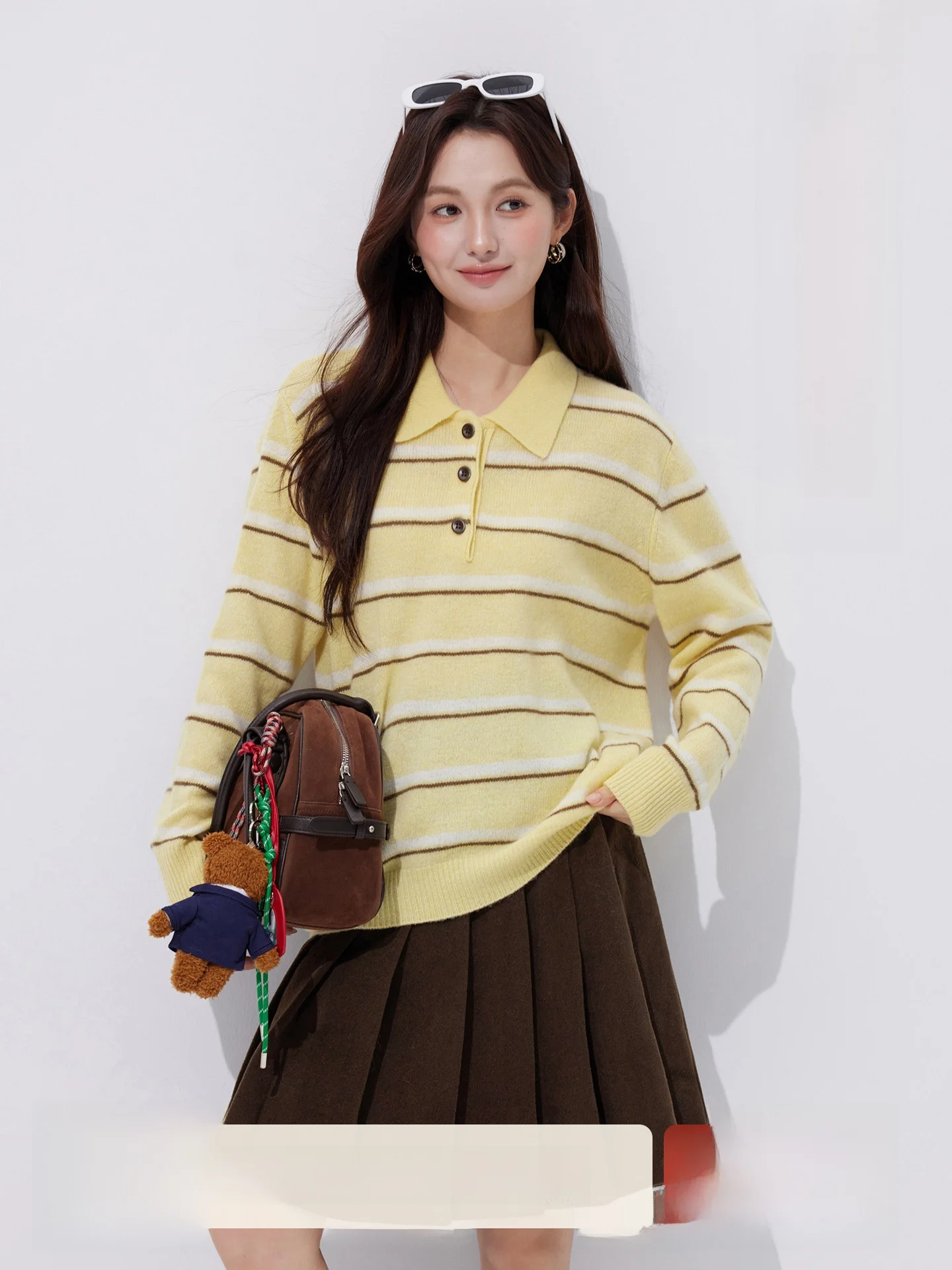 

Sle 00 Wool Knitted Sweater Women's Winter Inner Wear Stripe Pattern Turn-down Collar Casual Loose Fit Long Sve