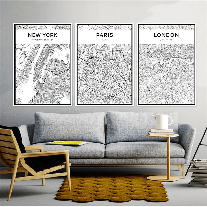 

Map Famous City Nordic Canvas Painting Home Decor Wall Art Landon Paris Milan Black Living Room Office Hotel Poster Backdrop DIY