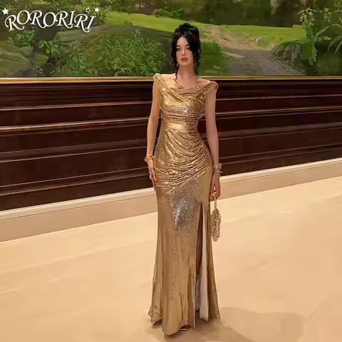 RORORIRI Cowl Neck Sequined Gold Evening Dress for Women Backless Ruched Bodycon Split Maxi Long Dress Medieval Retro Party Gown