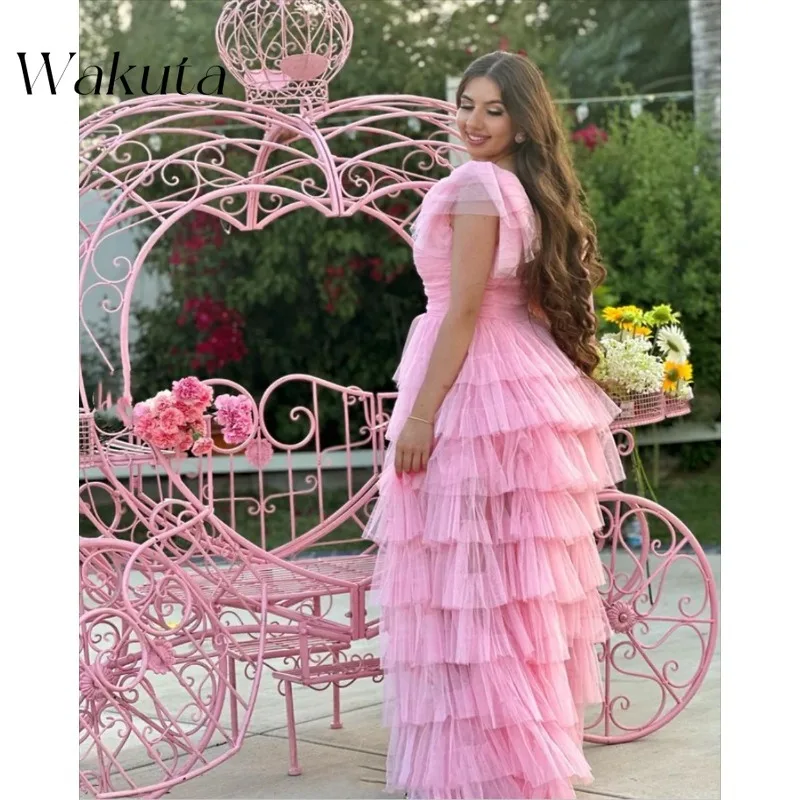 Wakuta Sweet Strapless Lace Sleeves Ballroom Robe Elegant Pink Chiffon Multi-layer Tight Corset Party High and Low Holiday Dress