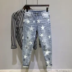 Broek Star Man Cowboy Broek Cropped Elastische Heren Jeans Stretch Lichtblauw Met Print Kleding Y 2K 2000S Lente Herfst Gewassen