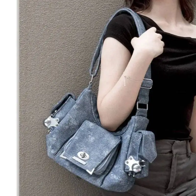 Bloom High Street Denim Shoulder Purse Women Hot Girl Large Capacity Casual Crossbody Bags Female Retro Handbag Aesthetic