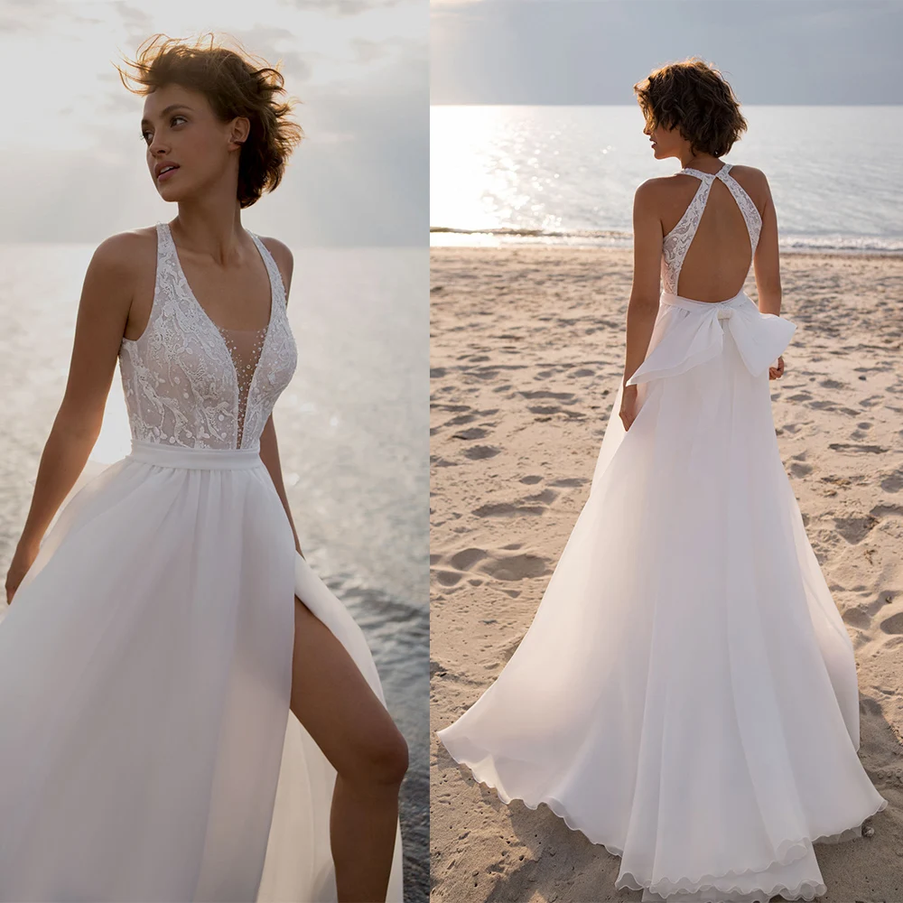 DREAM-Robe de Mariée de Plage Personnalisée avec Appliques de Perles, Dos aux, Col Licou, Fente Latérale Haute, Patients Boho, Quelle que soit l'Élégante, 2025