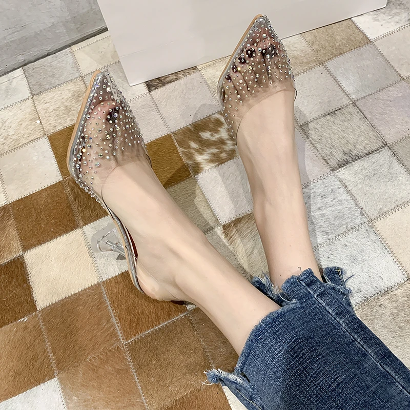 Women Pumps Luxury Transparent High Heels Sexy Pointed Toe Slip-on Wedding Party Crystal Slingback Shoes for Lady Dress Bling