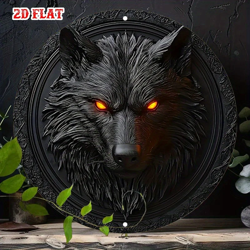 Vintage Gothic Wolf Head HD Print Metal Tin Sign – Featuring 3D Embossed Black Wolf with Glowing Orange Eyes, Intricate Fur Text