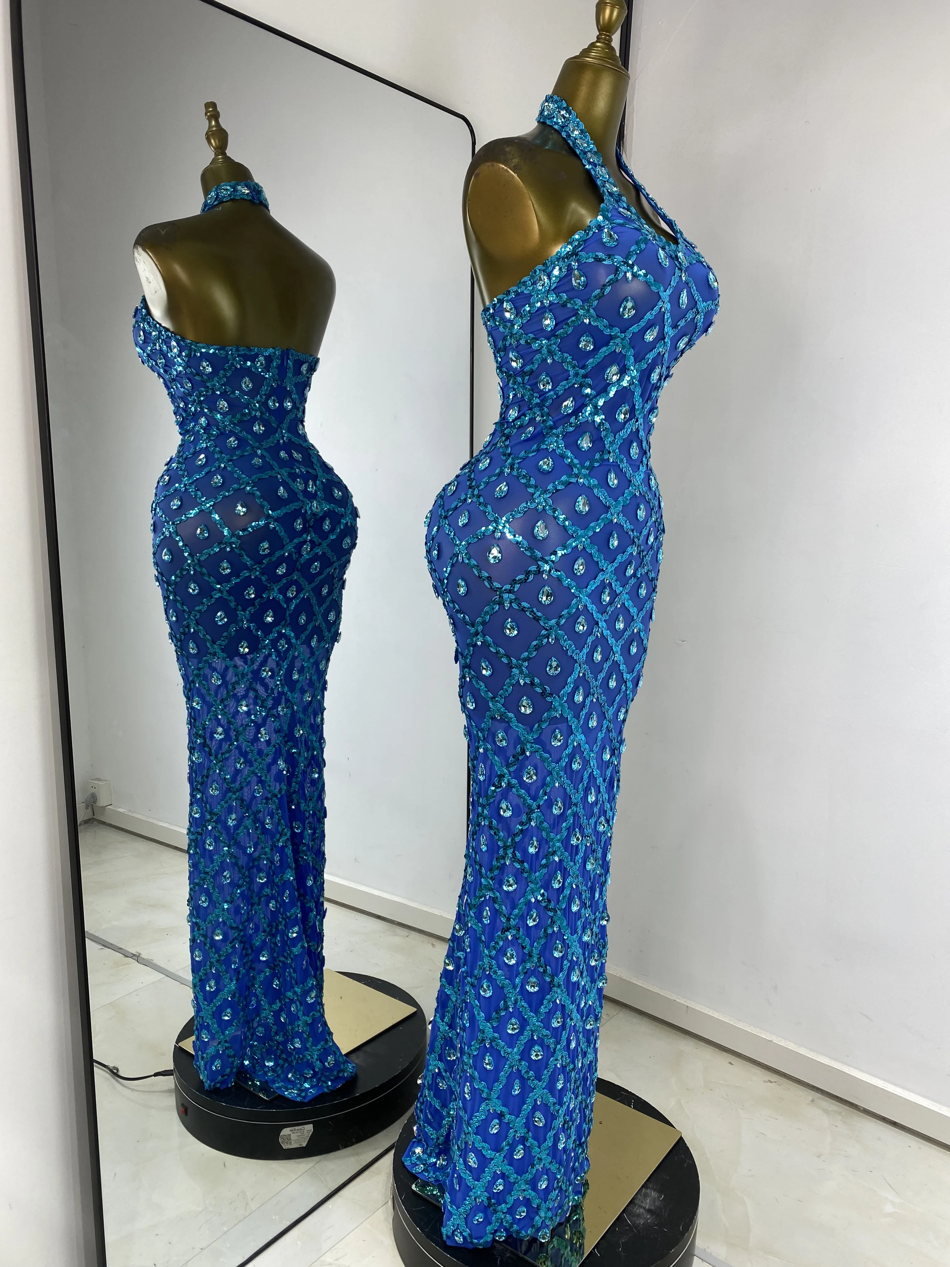 Luxus-Abschlussballkleider für Damen, blau, glitzernde Strasssteine, Pailletten, Neckholder, rückenfrei, Maxi, lang, für Geburtstag, Abend, Club, Party