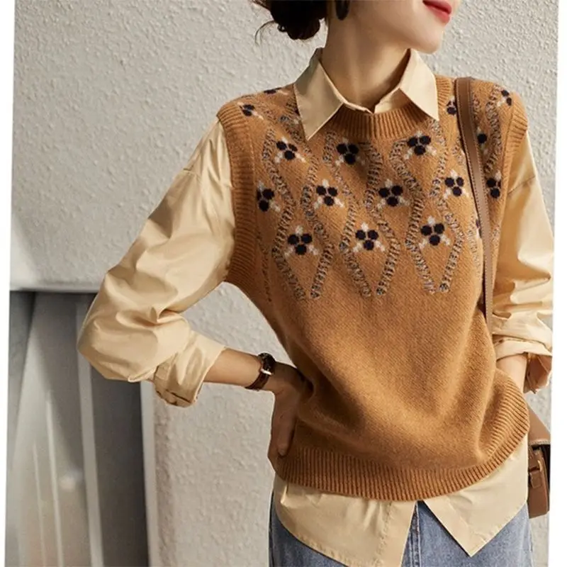 2023 nuova moda autunno e inverno semplice girocollo piccola fragranza temperamento contrasto colore Casual allentato maglia a strati gilet
