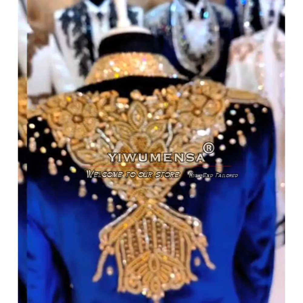 Royal Blue Velvet Suits Men For Wedding Luxury Sparkly Gold Shawl Lapel Beaded Prom Blazer Tailored 3 Pieces Jacket Vest Pants