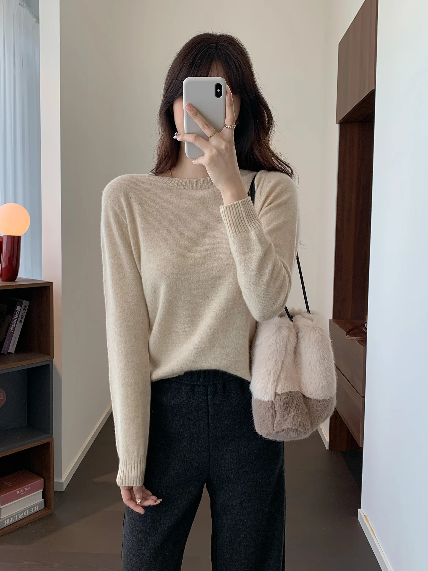 

Soft Skin-friendly 00% Camere Simple Basic round Ne Knitted Top Women's Long Sve Straight Tube Base Layer Sweater