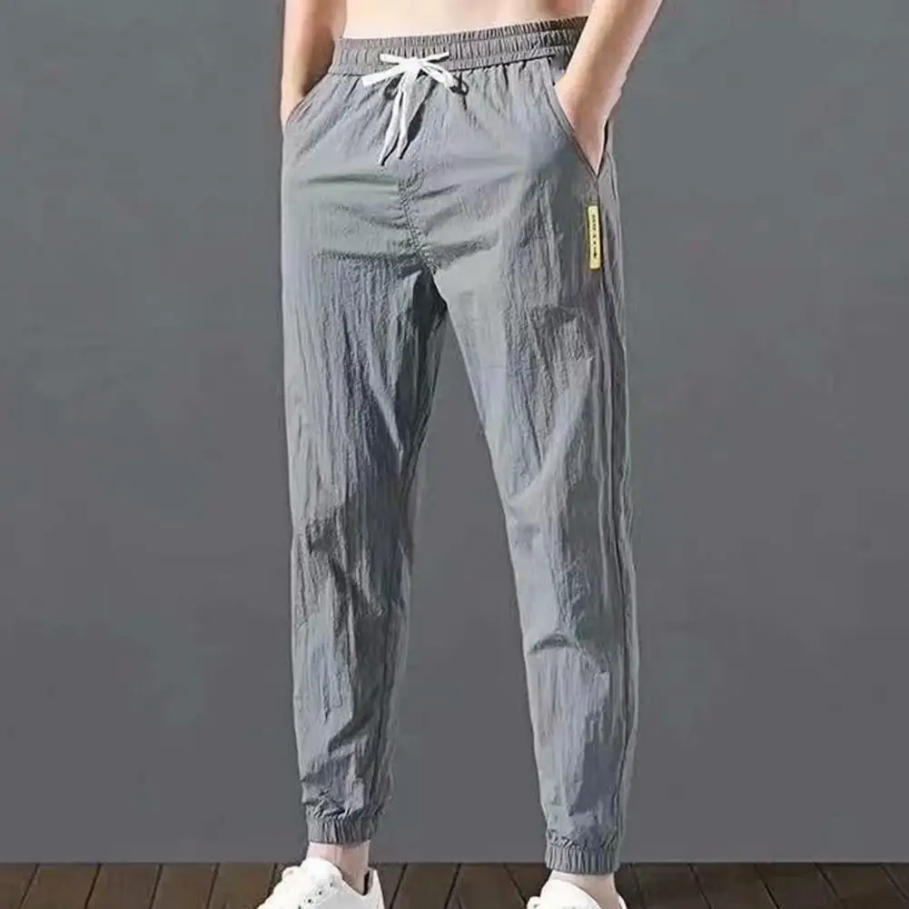 Men Pants Solid Color Drawstring Ankle Tied Pockets Pants Mid Rise Loose Fitness Sports Casual Pants 2024 Summer Men Trousers