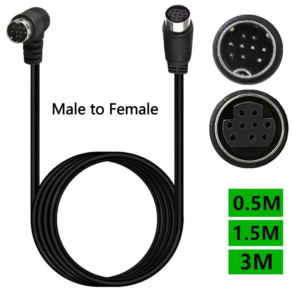 Male to Female Mini DIN 9-Pin Cable Multiple Sizes 90 Degree Bend Mini DIN Extension Adapter Shielded Portable AV Cable
