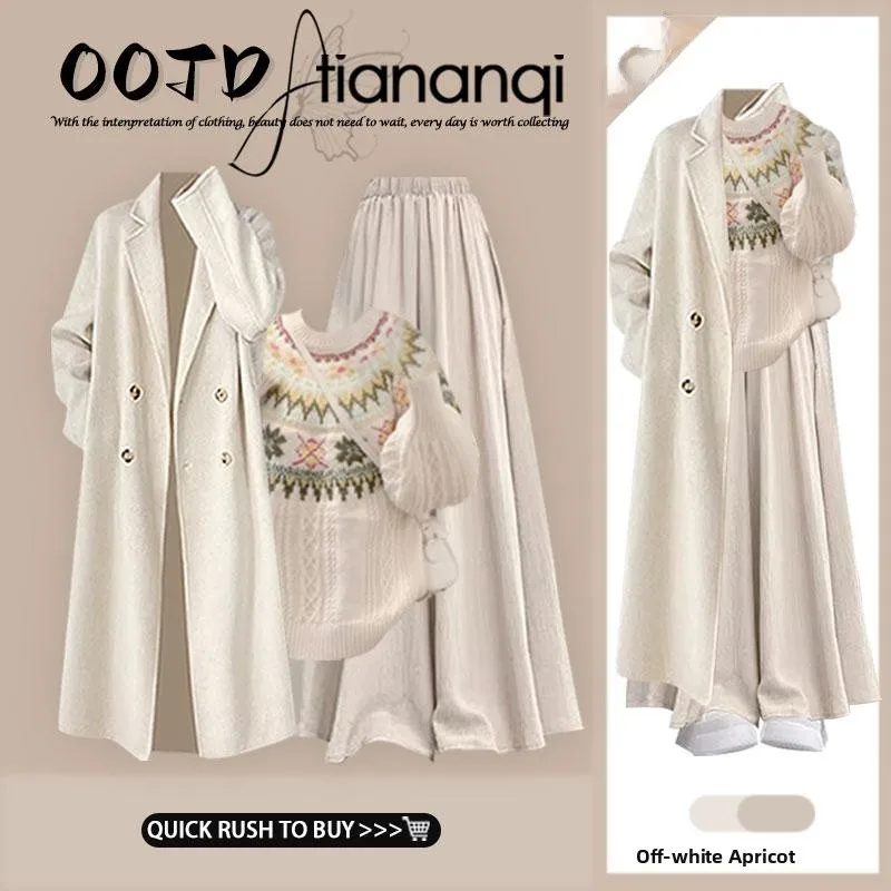 

Мягкое длинное шерстяное пальто, свитер с узором «Остров», широкие брюки, комплект из трех предметов: модный осенний наряд для элегантных дам