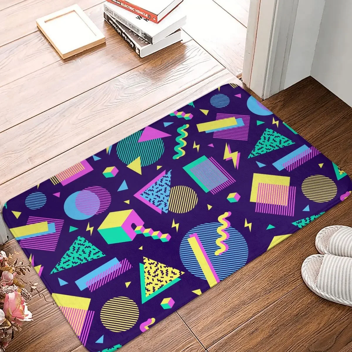 Anti-Slip Rug Doormat Living Room Mat Multicolor 80s Geometric Shapes Floor Carpet Entrance Door Decor