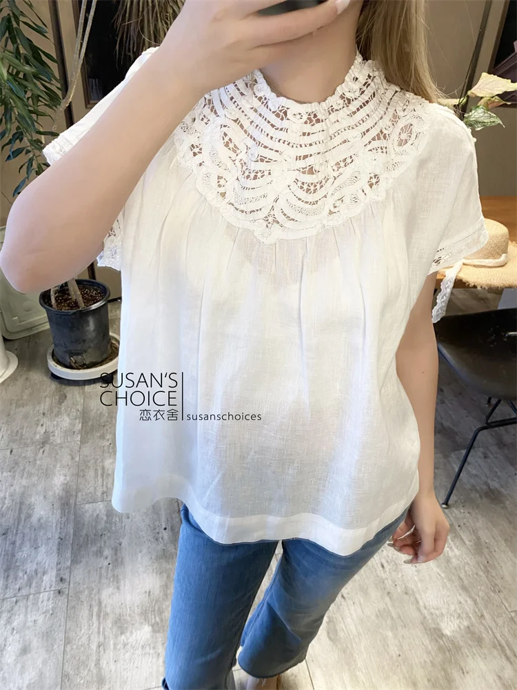 

Susan Lin Small ence Heavyweight Свободный круглый льняной топ с цветочным воротником для поездок на работу Sle ort Sve Pure Color