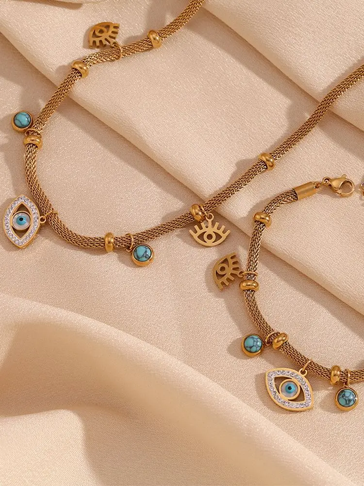 E.B.belle Septum Bead Turquoise Eye Necklace for Women Bracelet Tarnish Free 316L Stainless Steel 18K Gold Plated Jewelry Set