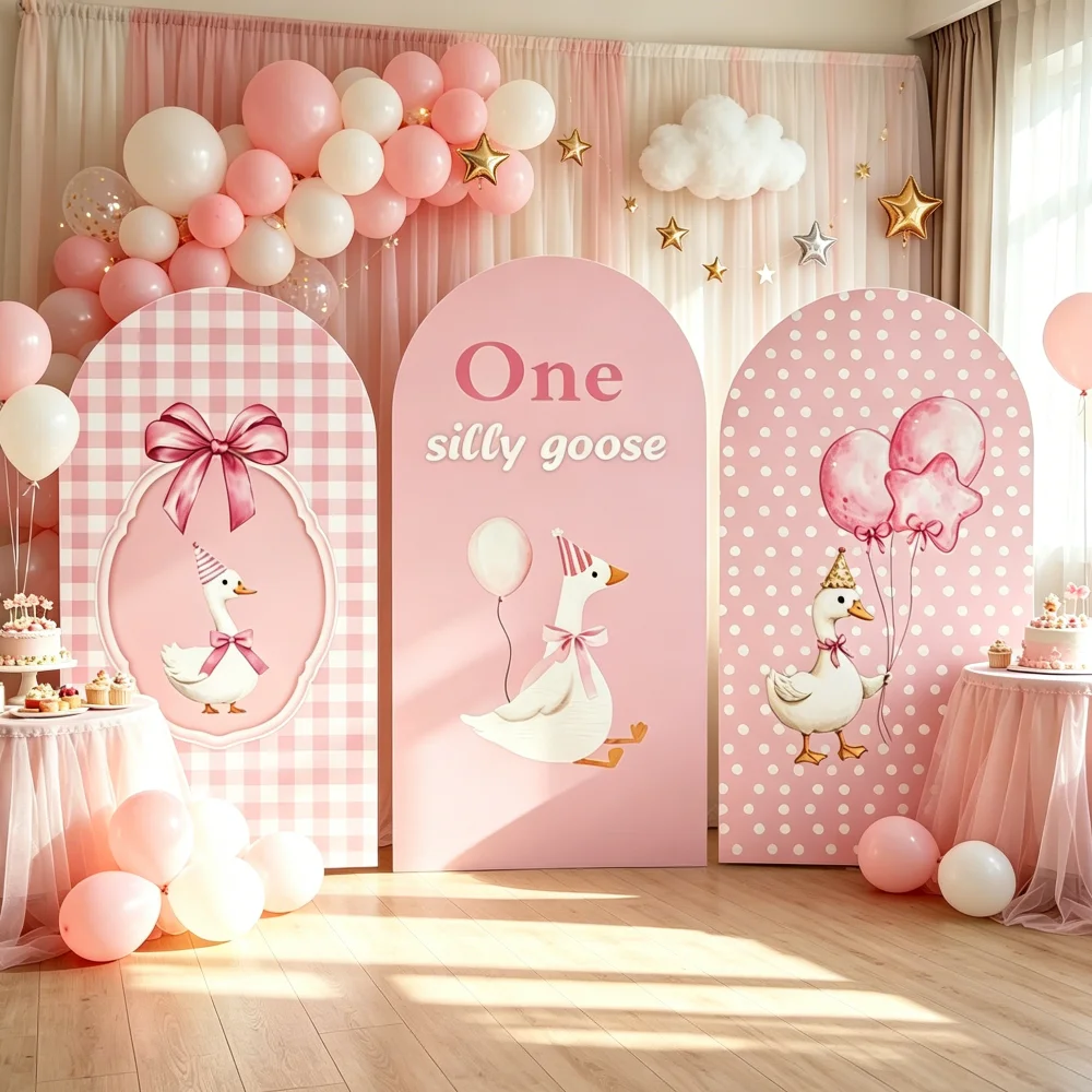 Pink Silly Goose Arch Backdrop Single Side Cover Bowknot Balloons Baby Shower Birthday Party Photo Booth Background Decor Props