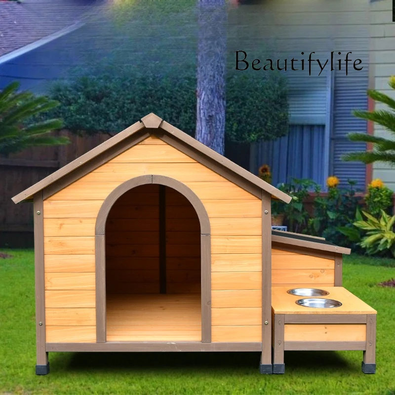 Dog kennel cage tent nest outdoor house villa rain protection and sun protection with food basin water basin solid wood fir