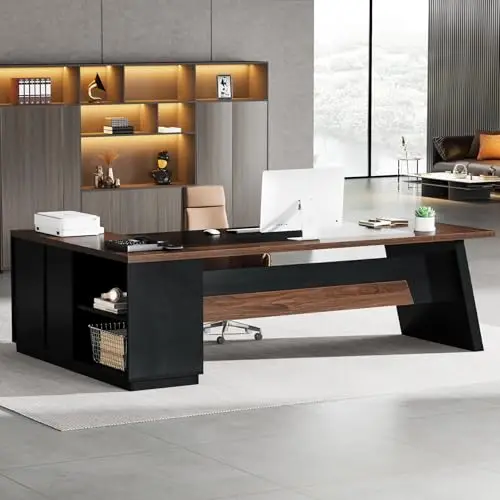 78-Inch L-Shaped Executive Desk, Office Desk with Drawers and Lateral File Cabinet, Large Computer Workstation with