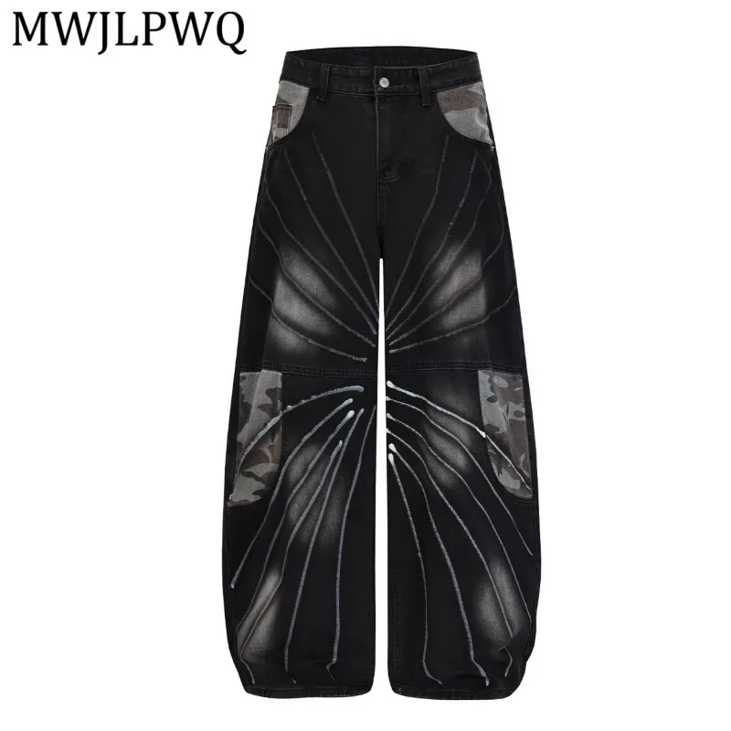 

MWJLPWQ Retro Wahed Distessed Camouflage Curved Hem Jean Men And Women American Patchwork Deign Loose Trend Wide-Leg Pants 15977