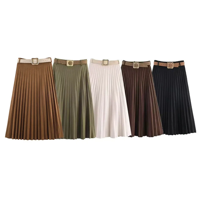 Autumn New Women's Fashion Temperament Elegant With Belt Pleated Skirt
