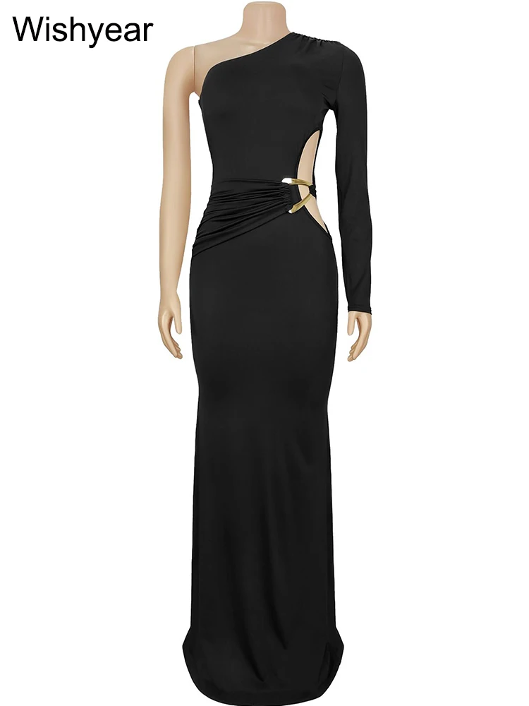 Wishyear feminino elegante vestido maxi longo de um ombro manga preta recorte fino ajuste festa de aniversário natal robe detalhe de metal