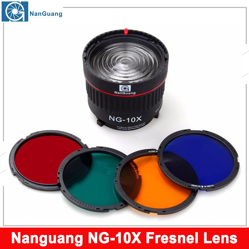 Nanguang NG 10X Fresnel Focusing Lens for LED Flash Studio Light Focus Lens Bowen Mount for Flash& Led Light with 4 Color Filter