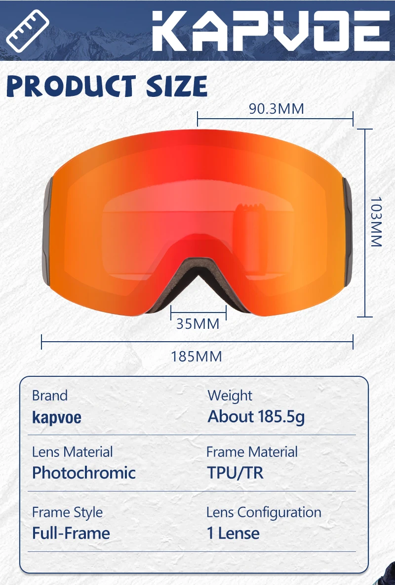KAPVOE Outdoor Photochromatische Skibrille für Männer, Snowboardbrille für Frauen, Winter-Schnee-Sonnenbrille mit UV400-Schutz und Magnetischer Linse – Detail 18