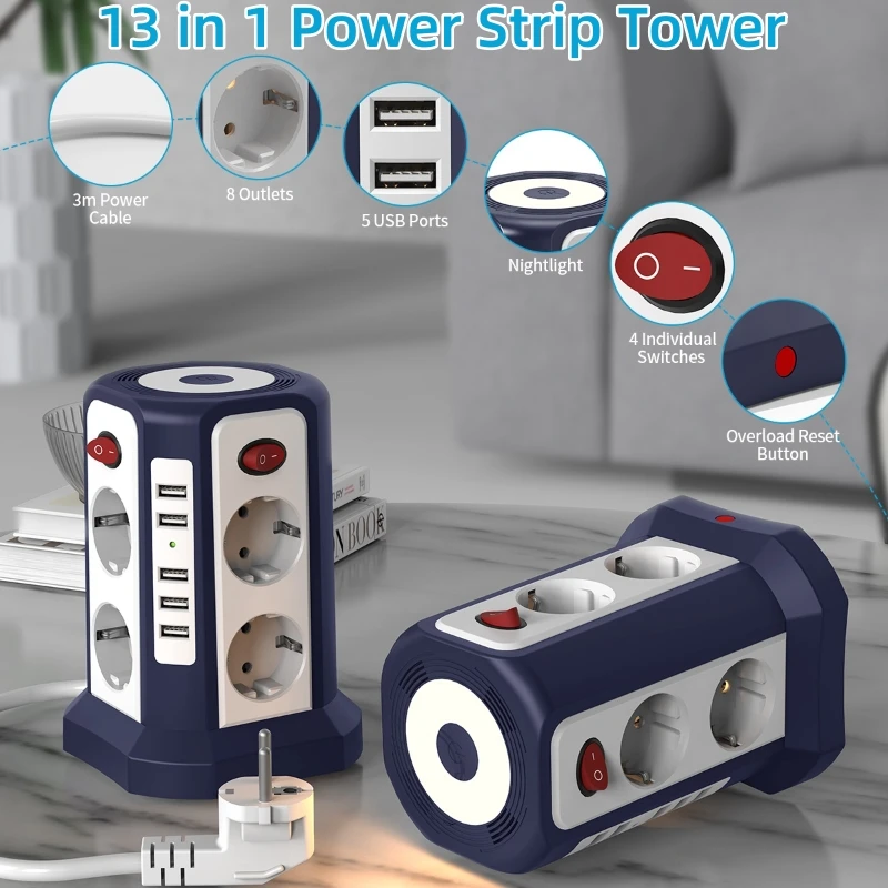 

Eu tower power outlet, 8 AC jacks and 5 USB ports, independent switch control, suitable for home and office desktop use