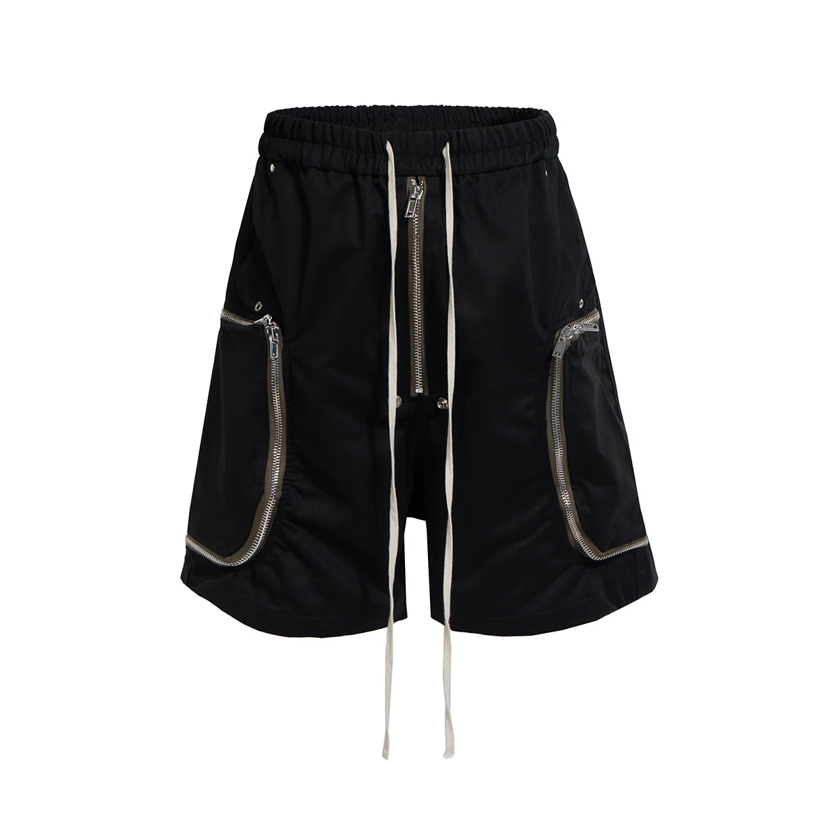 Streetwear Diamond-shaped Large Pocket Multi-zip Cargo Shorts for Men and Women Elastic Wasit Black Baggy Five Point Pants