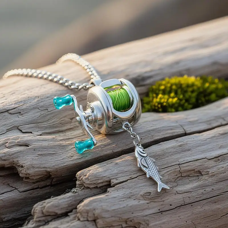 Mini-Angelrolle als Halskette mit drehbarem Griff und beweglicher Schnurführung, Spinnrolle als Schlüsselanhänger oder Rucksackanhänger für Angler – Detail 5