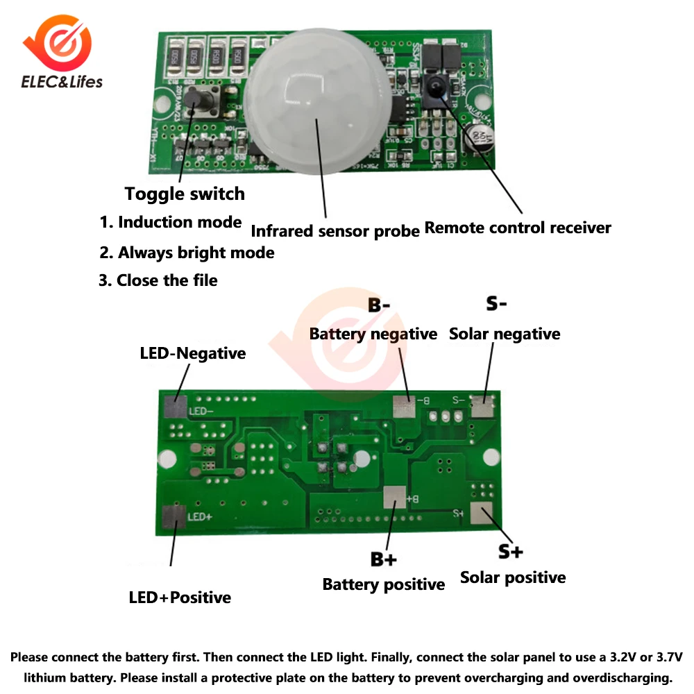 3.2V 3.7V telecomando PIR solare integrato lampione sensore circuito circuito regolatore di modalità di induzione solare