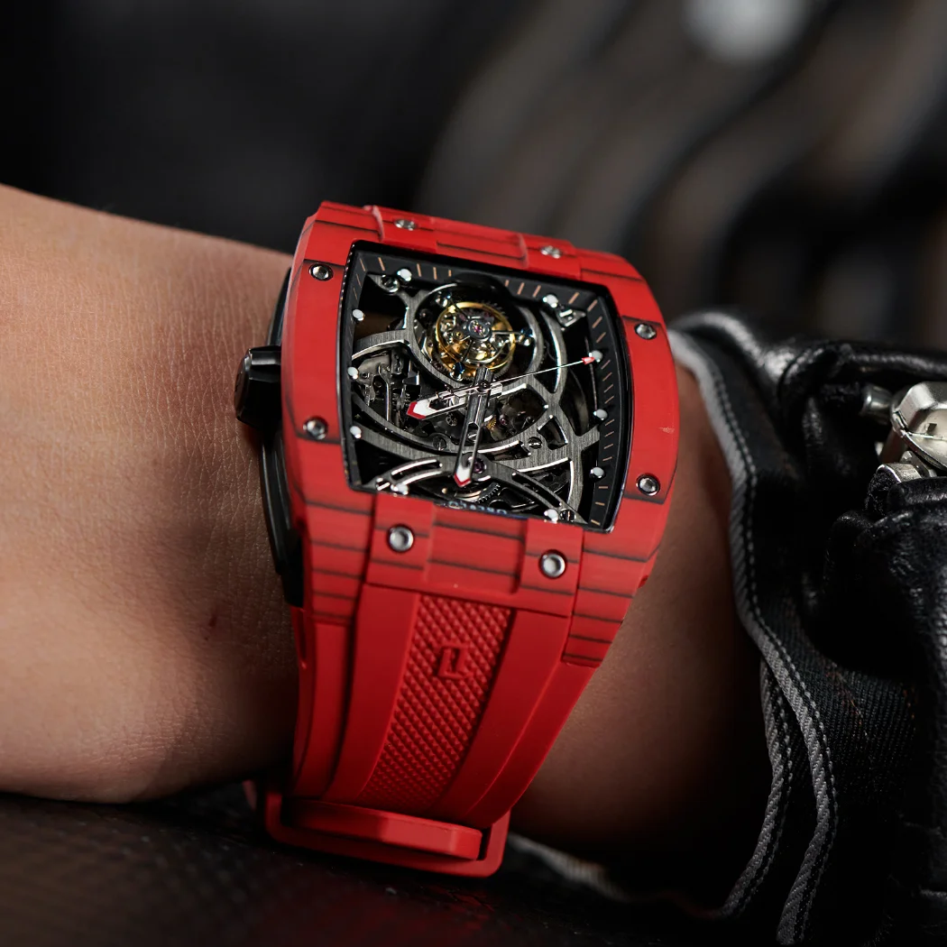 مستطيل العلامة التجارية الأصلية موضة توربيون التلقائي ساعة رياضية للرجال الهيكل العظمي مضيئة حزام مطاط مقاوم للماء EM-RT